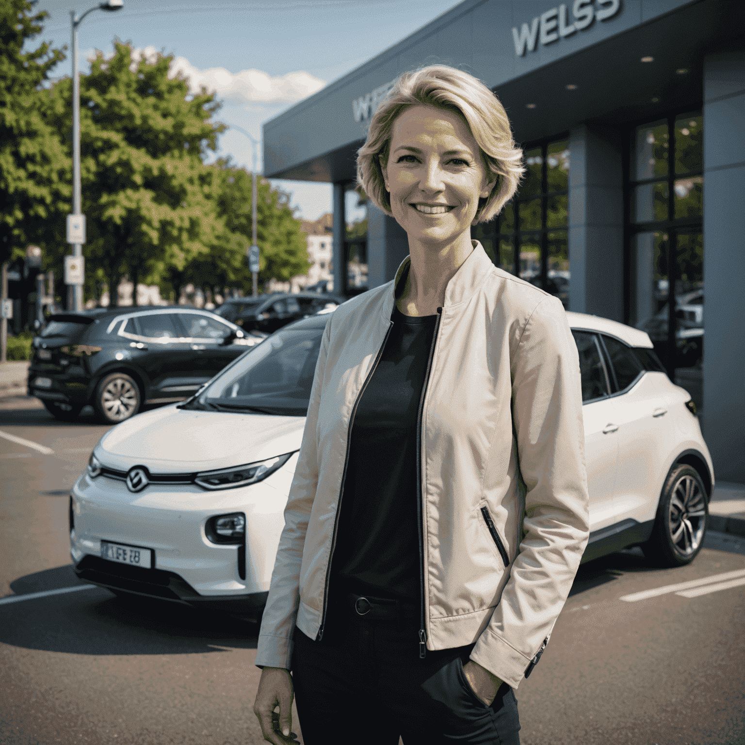 Portret van Lisa van der Berg, hoofdredacteur van WheelsYoGo, een vrouw met kort blond haar en een vriendelijke glimlach, staande voor een moderne elektrische auto