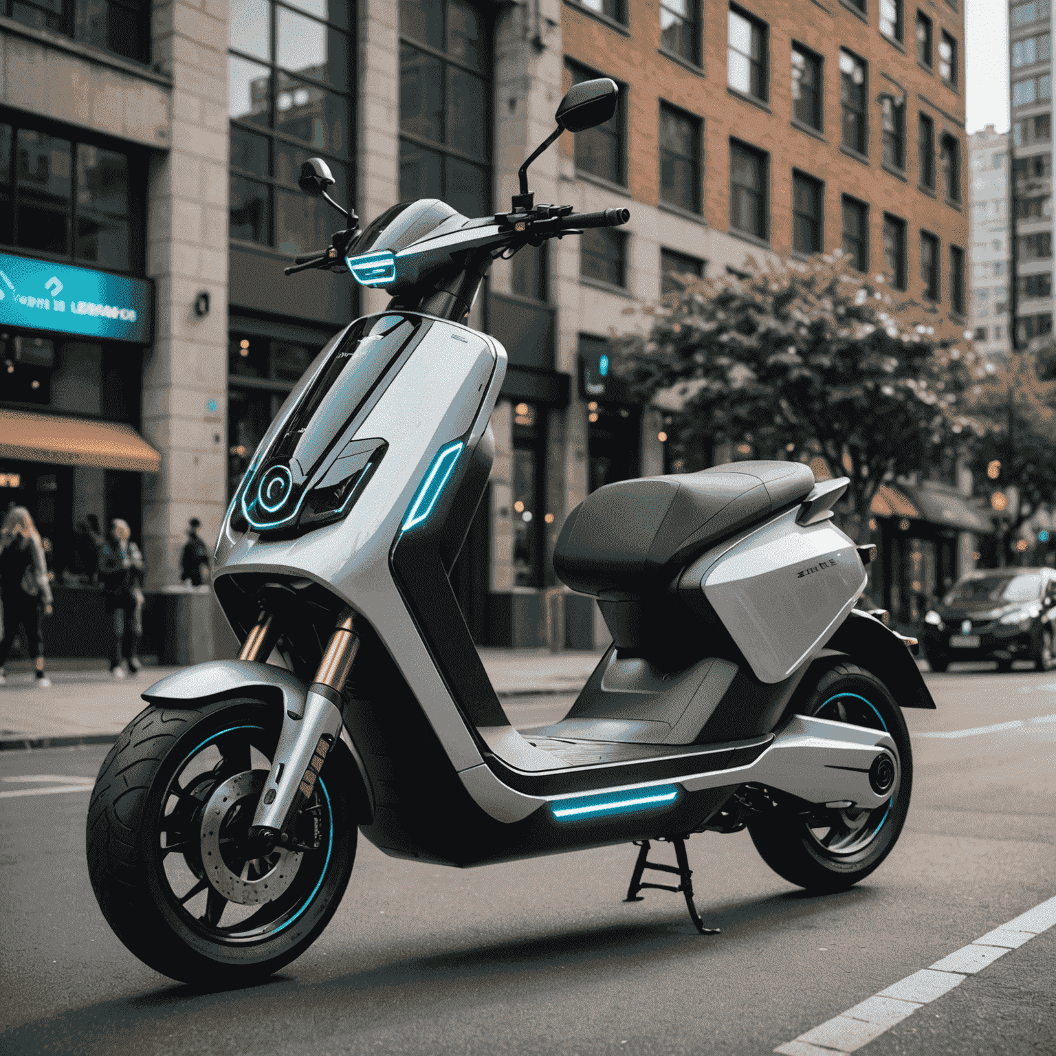 Een moderne elektrische scooter met futuristische designelementen, zwevend boven een stedelijke achtergrond met holografische displays die verschillende innovatieve functies tonen