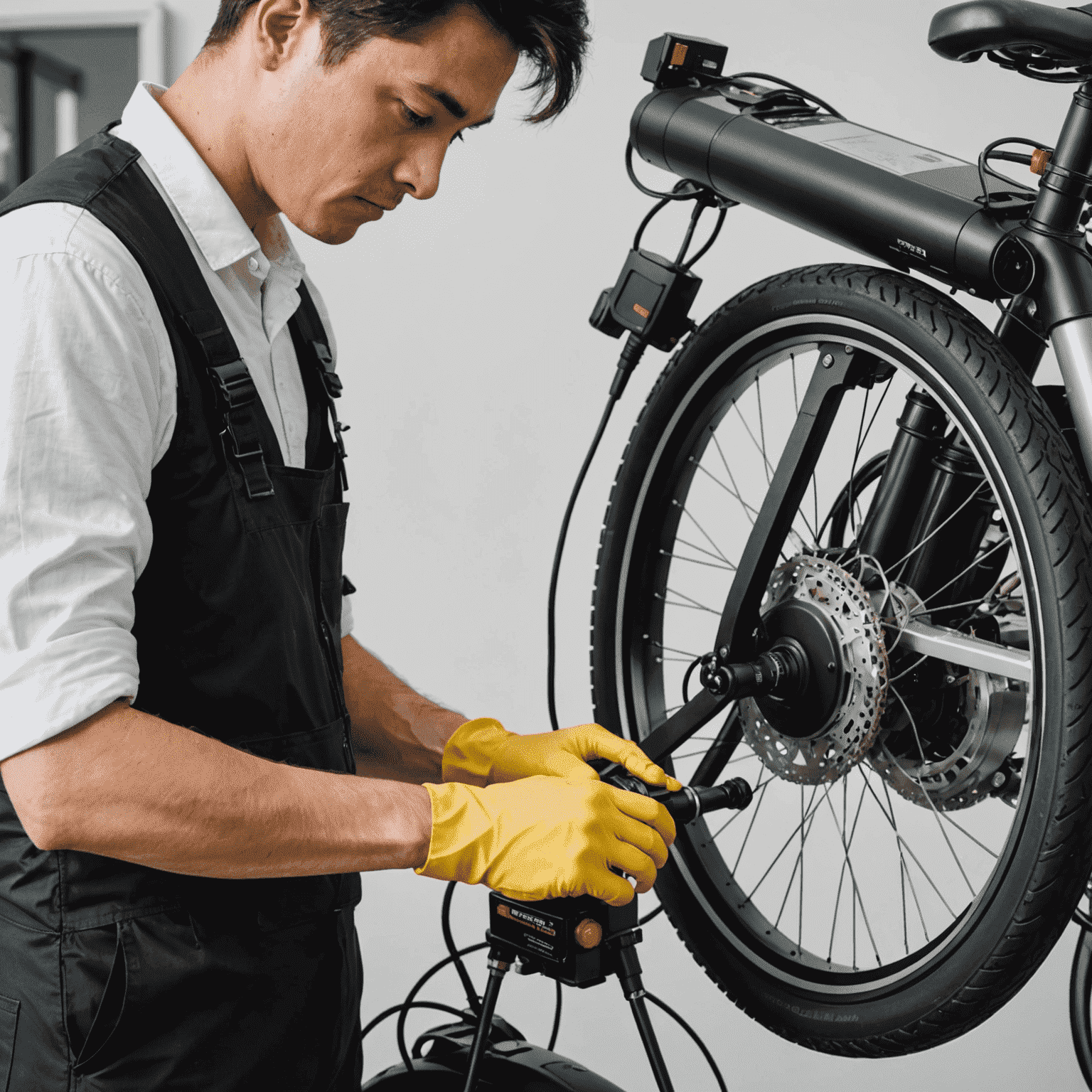 Een persoon die een e-bike schoonmaakt, met focus op het voorzichtig reinigen van de elektrische componenten