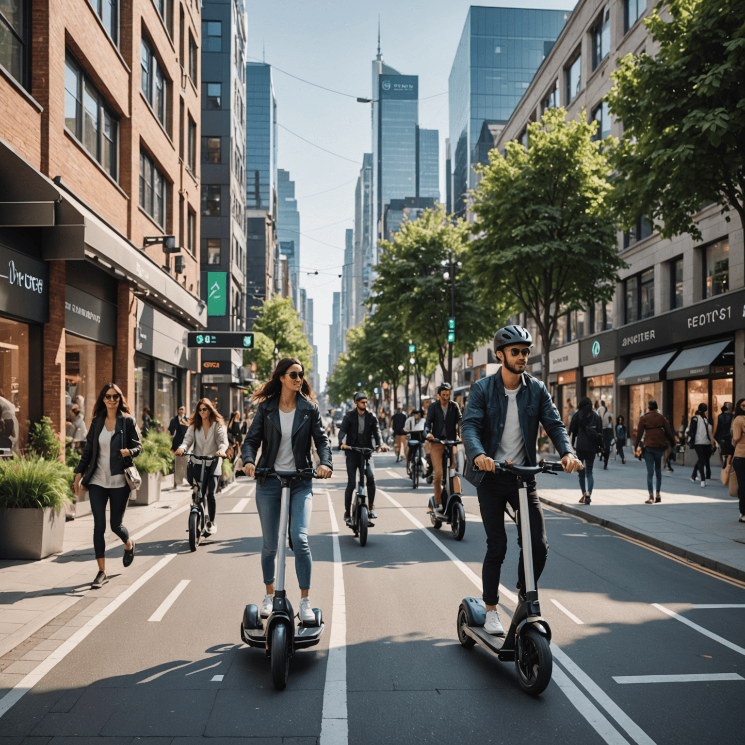 Een futuristische stadsstraat met speciale rijstroken voor e-scooters, oplaadstations op zonne-energie en mensen die e-scooters gebruiken naast traditionele fietsen en voetgangers