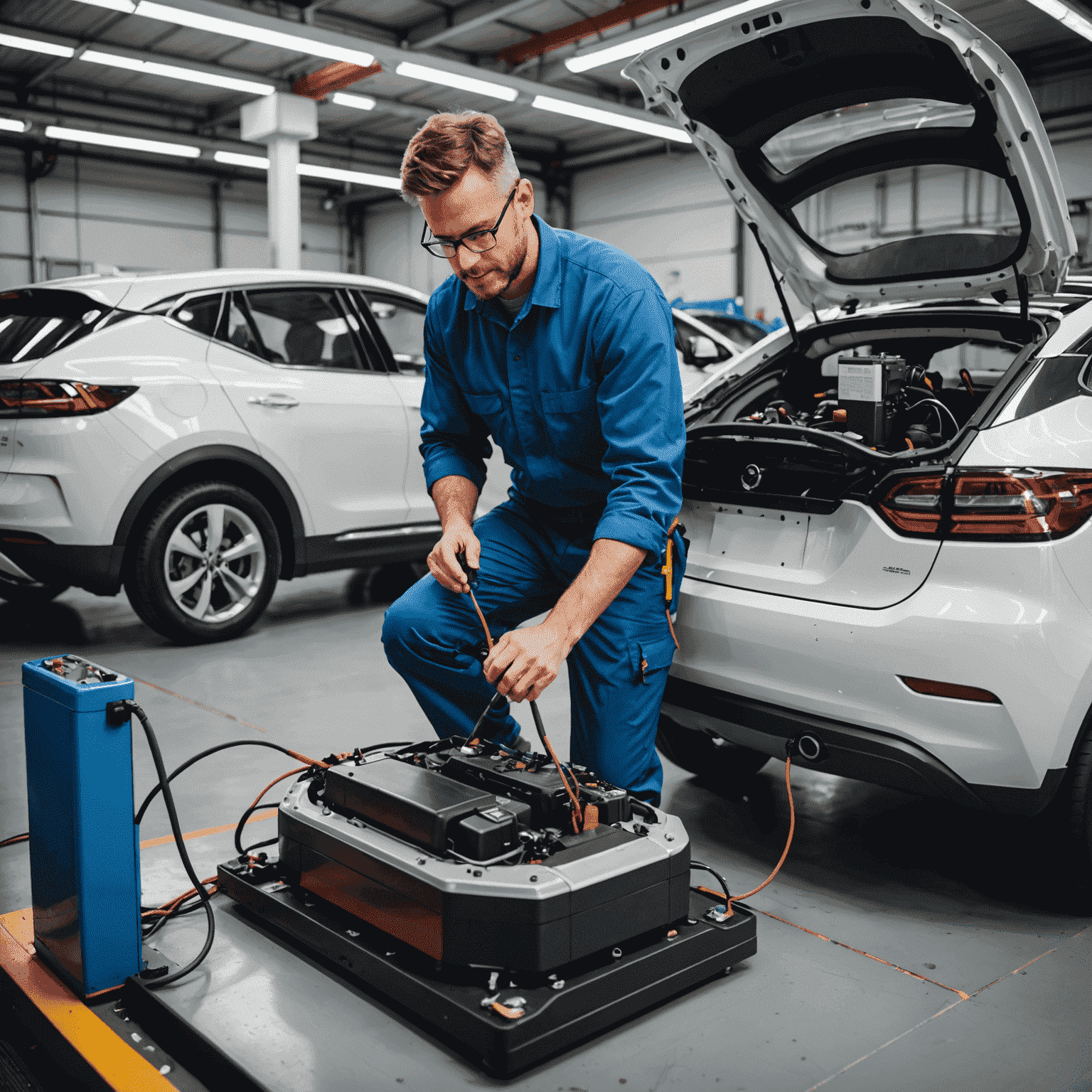 Technicus die onderhoud uitvoert aan een elektrische auto, met focus op de batterij en motor